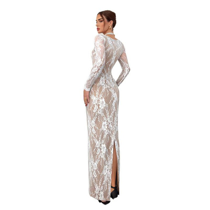 Dame Elegant Spidskjole med dyb rygudskæring og transparente ærmer Skovae