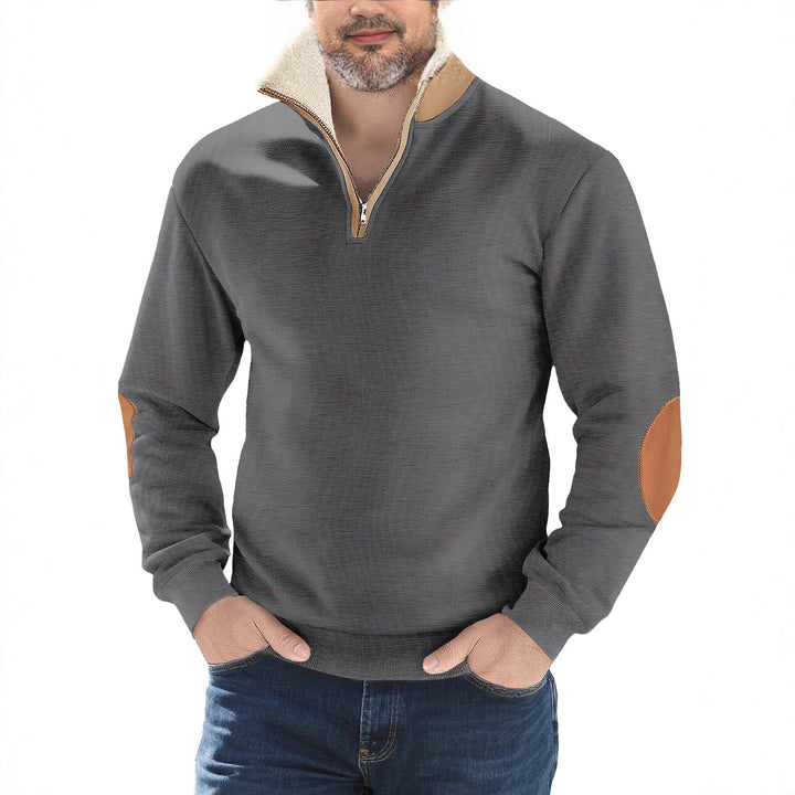 Herrer nan Strukturstrik-halv-zip-pullover med varmende Sherpa-krave og velour-ellenbog-applikation Skovae
