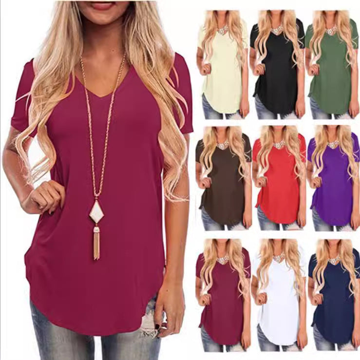 Dame V-hals T-shirt med asymmetrisk kant Stilla