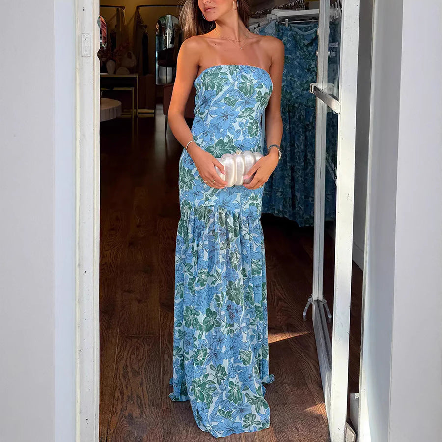 Dame Strapless Maxikjole med Flydende Volangkant Stilla