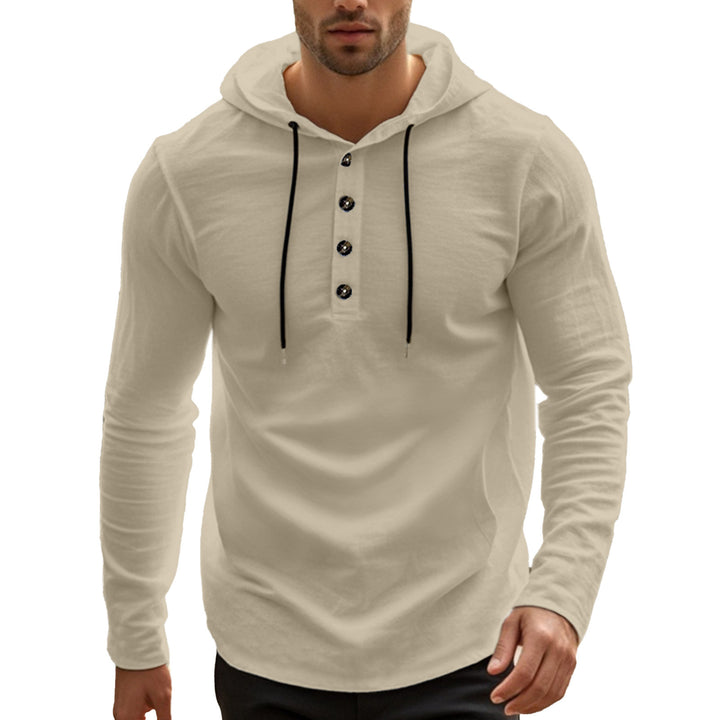 Herrer casual hættepullover i Henley-stil med knaplukning og justerbar snor Skovae