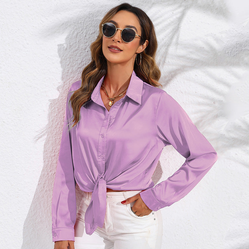 Dame Elegant Silke Bluse med knapbar Front og Sløjfe Stilla