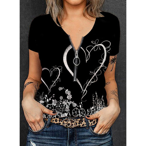 Dame V-hals T-shirt med blomsterprint og lynlås Skovae