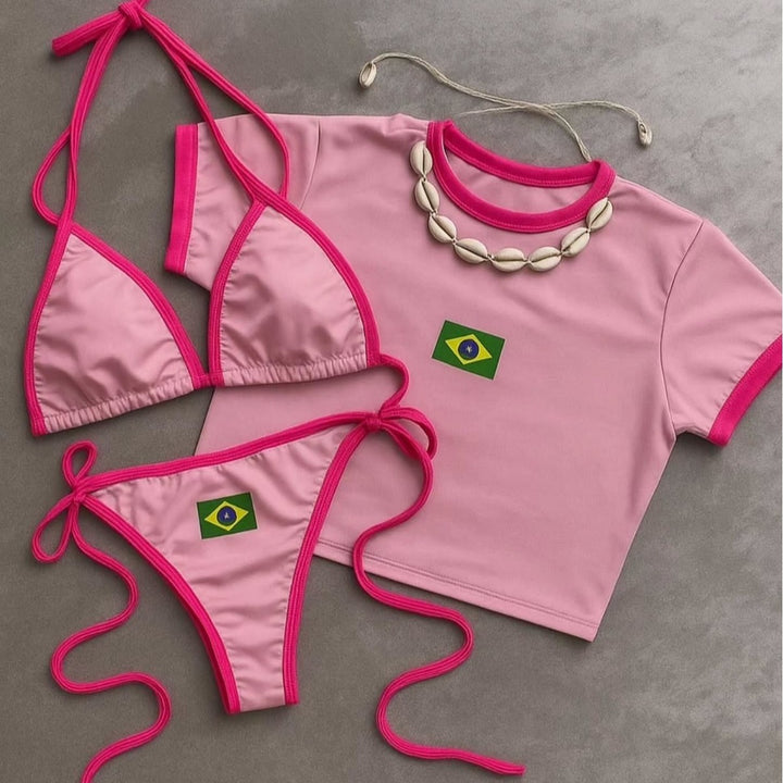 Dame bikini-sæt med sporty crop top og trendy Brasilien-flag design skovae
