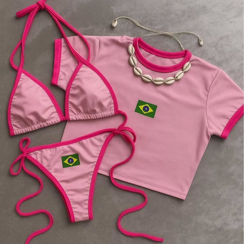 Dame bikini-sæt med sporty crop top og trendy Brasilien-flag design skovae