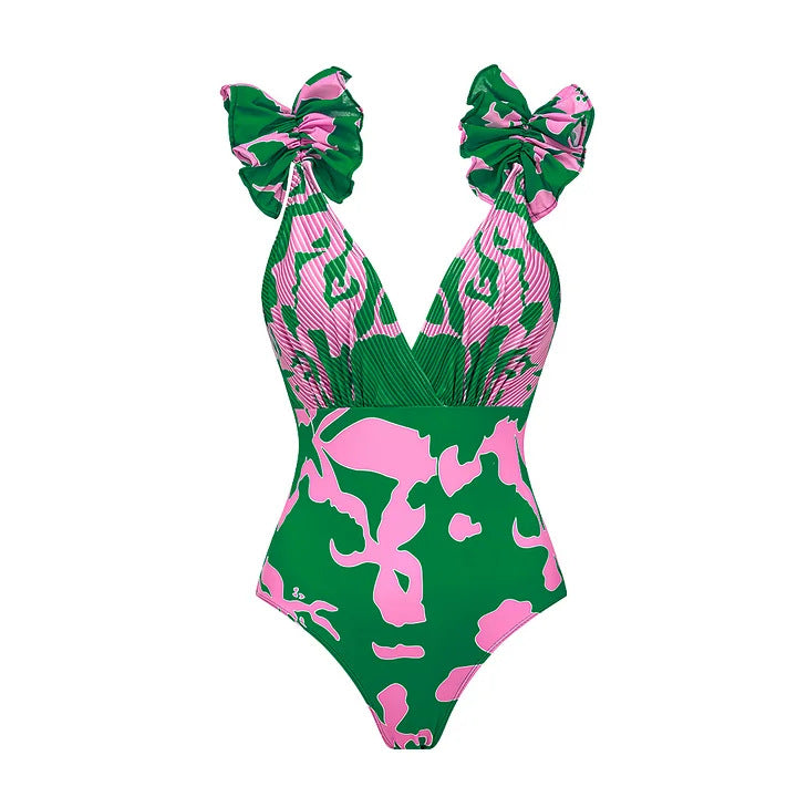 Dame one-piece badedragt med voluminøse flæser og blomstret design Skovae