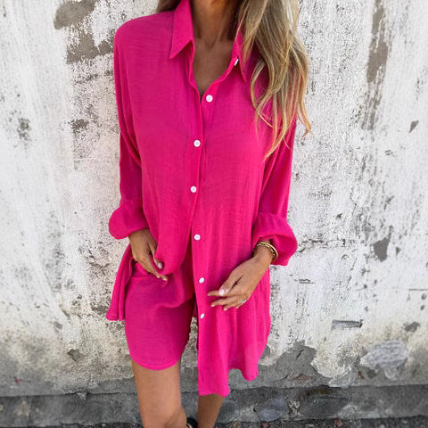 Dame Løs Bluse-Shorts-Sæt med Oversized Snit og Luftig Struktur Skovae