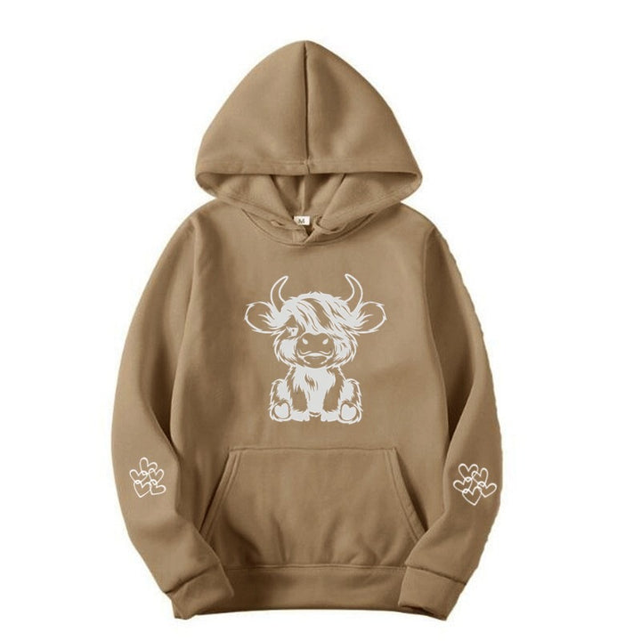 Kvindernes hætte sweatshirt med charmerende kvægmotiv og praktiske kængurulommer Skovae