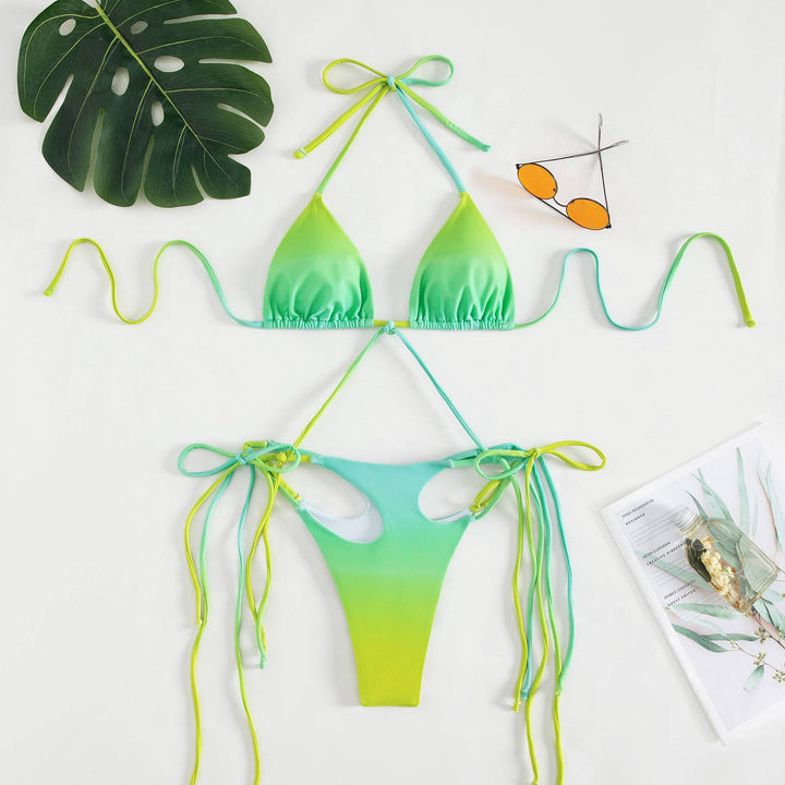 Damer triangle-bikini med stilfulde bindebånd og unik farvegradient skovae