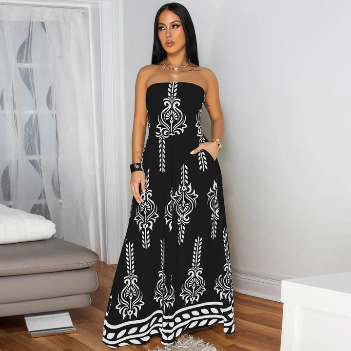 Dame Maxi-kjole med elegant skulderfri design og iøjnefaldende print Stilla