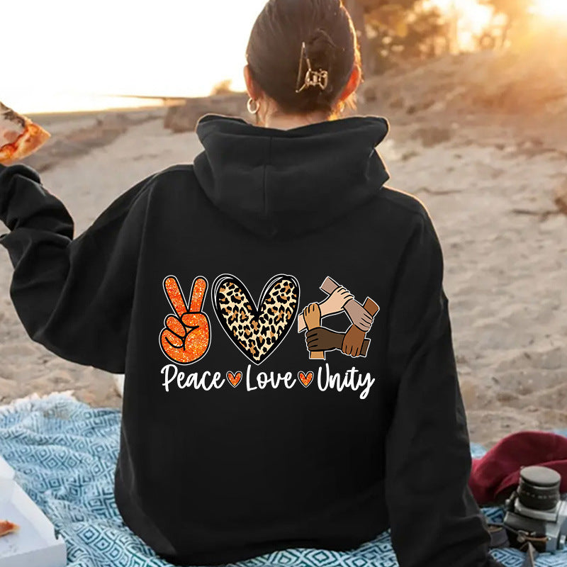 Kvinders hoodie med højkvalitets Peace-Love-Unity design Skovae
