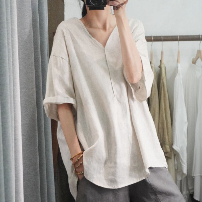 Kvinders oversized linned T-shirt med V-hals og casual fit Stilla