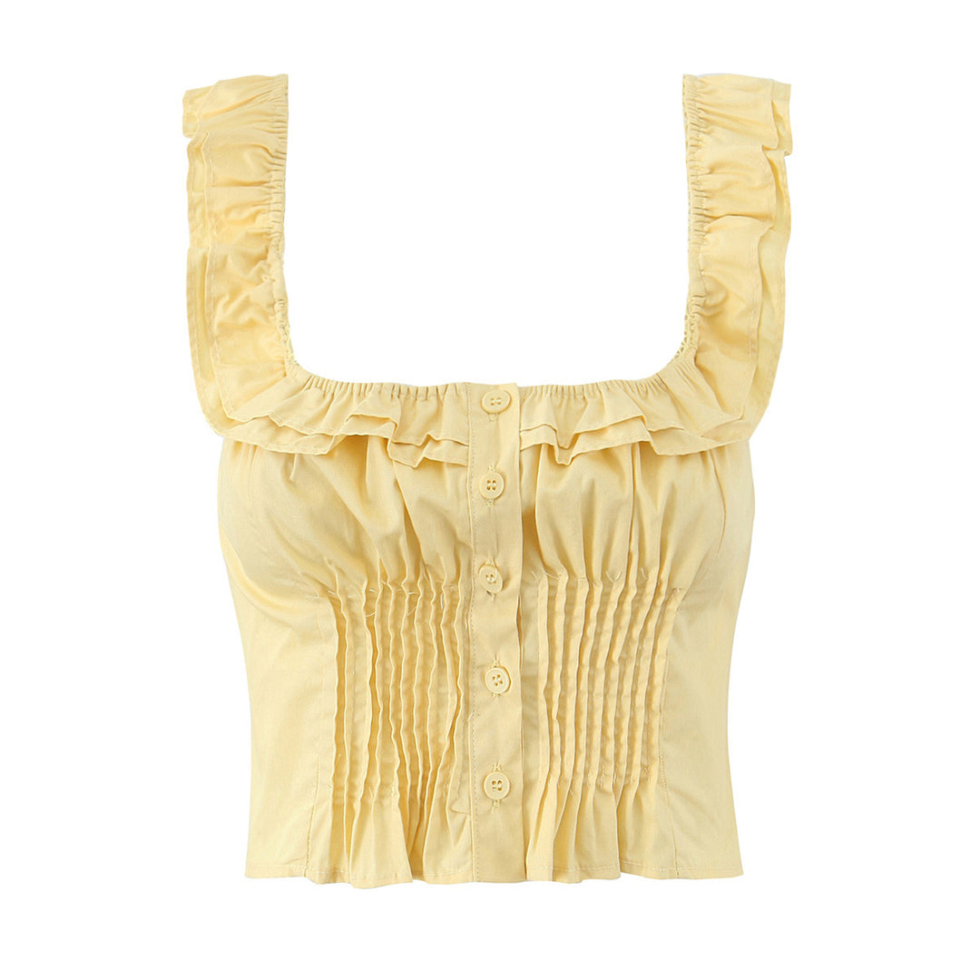 Dame Cropped top med flæsedetaljer og dekorative knaplukninger Stilla
