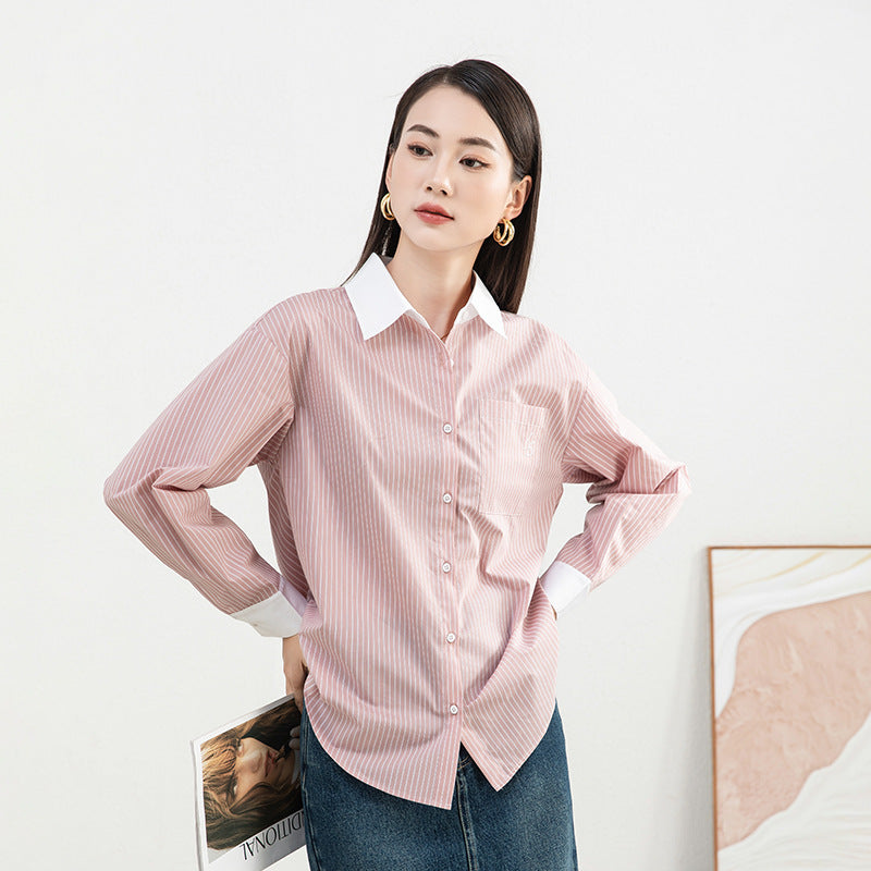 Dame Klassisk Bluse med moderne stribet mønster og krave Stilla