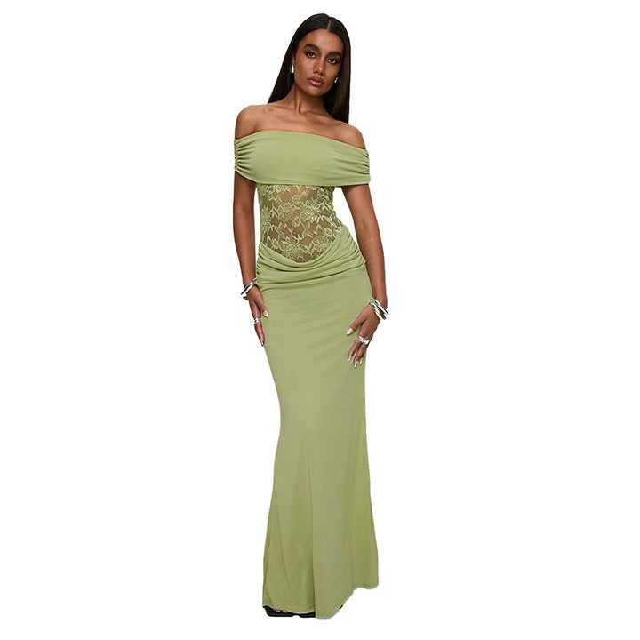 Femme Off-Shoulder Spids Accent Maxi Kjole Stilla