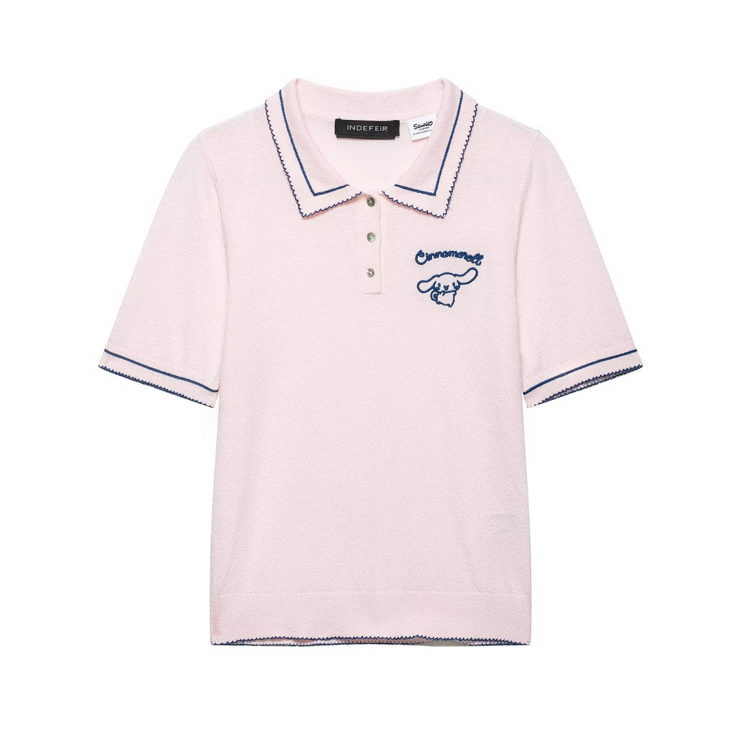 Dame Polo-Shirt med fin struktur og broderet motiv Skovae