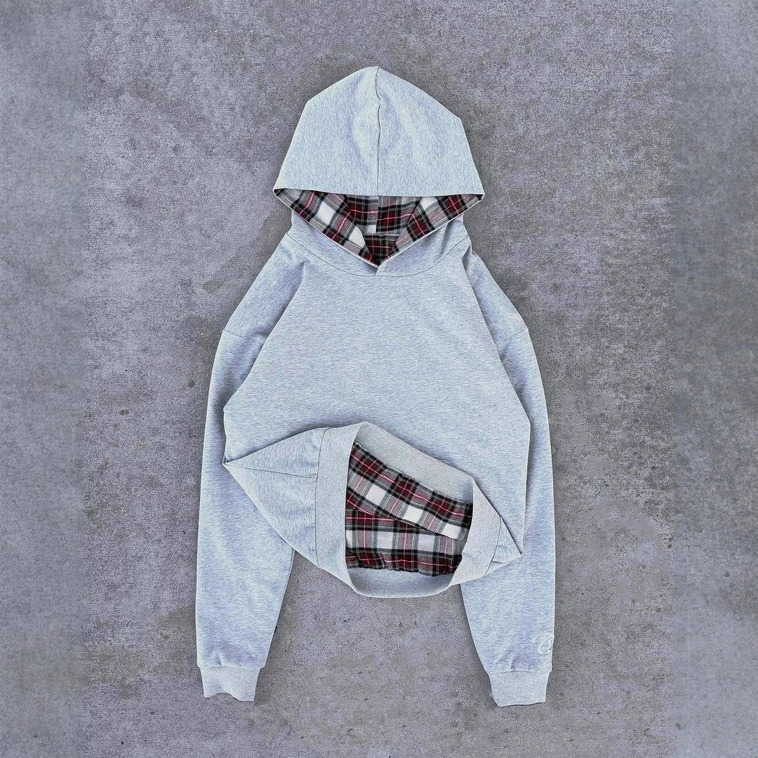 Dame afslappet hoodie med quiltet inderside og kontrasterende ternet mønster Stilla