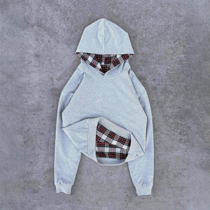 Dame afslappet hoodie med quiltet inderside og kontrasterende ternet mønster Stilla