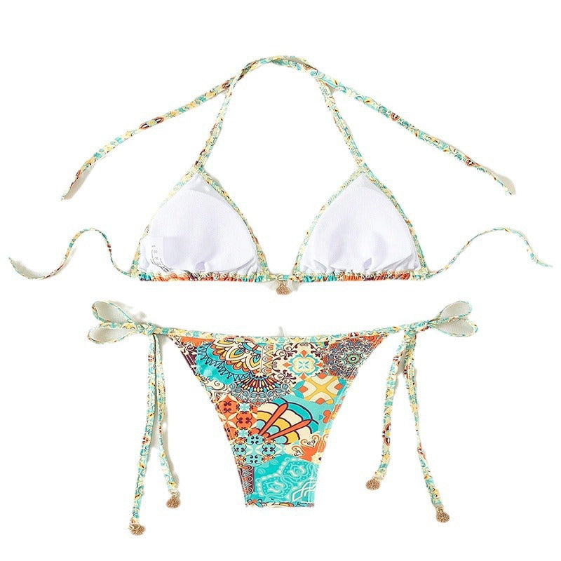 Dame Triangel-Bikini med blomstermønster og elegante bindebånd Skovae
