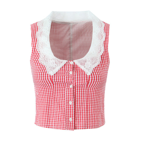 Dame Crop-Top med spidskrave og ternet mønster Stilla