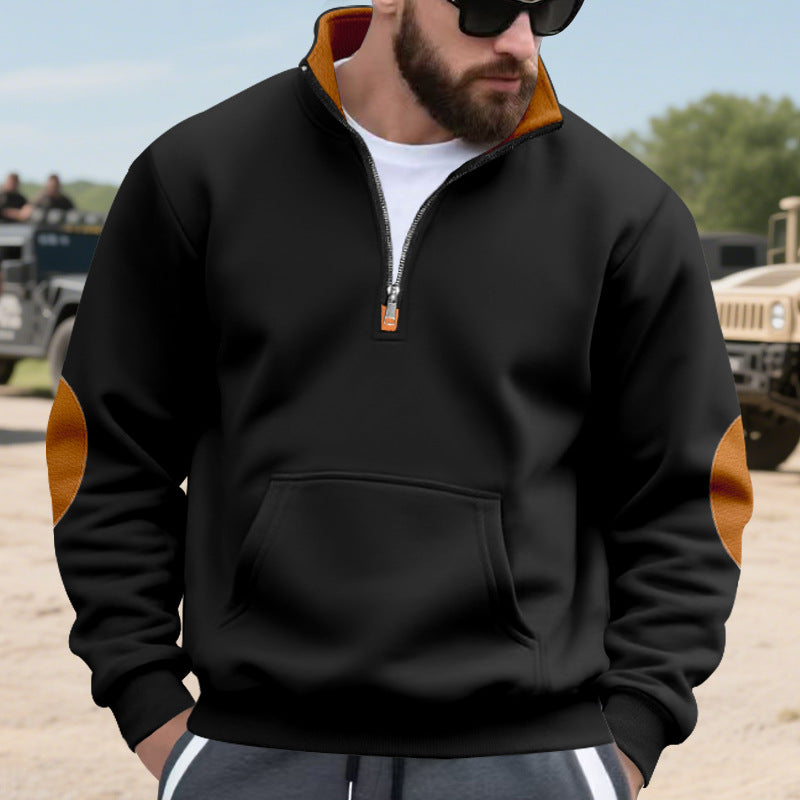 Herren nan isoleret halvzip-pullover med ståkrave fleece-foring kængurulomme og suede albue-patches Skovae