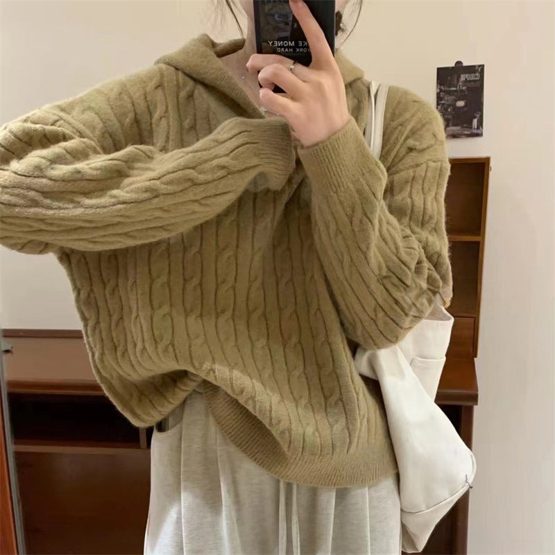 Kvinders Cozy Knit Sweater med Hætte og Kabelmønster Stilla