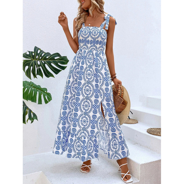 Dame Bohemian Print Maxi Kjole med Side Slids Stilla