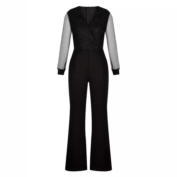 Damer Elegant Jumpsuit med gennemsigtige ærmer og glitrende detaljer Skovae
