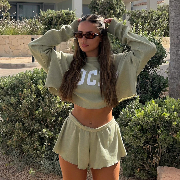 Femme Casual Crop Top og Skort Sæt Stilla