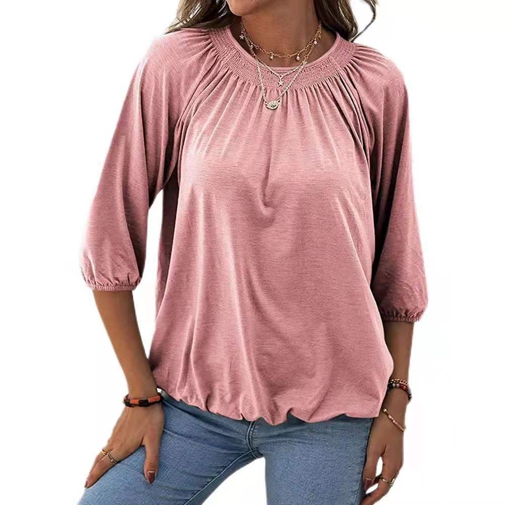 Dame afslappet bluse med casual snit og elastiske pufærmer Stilla