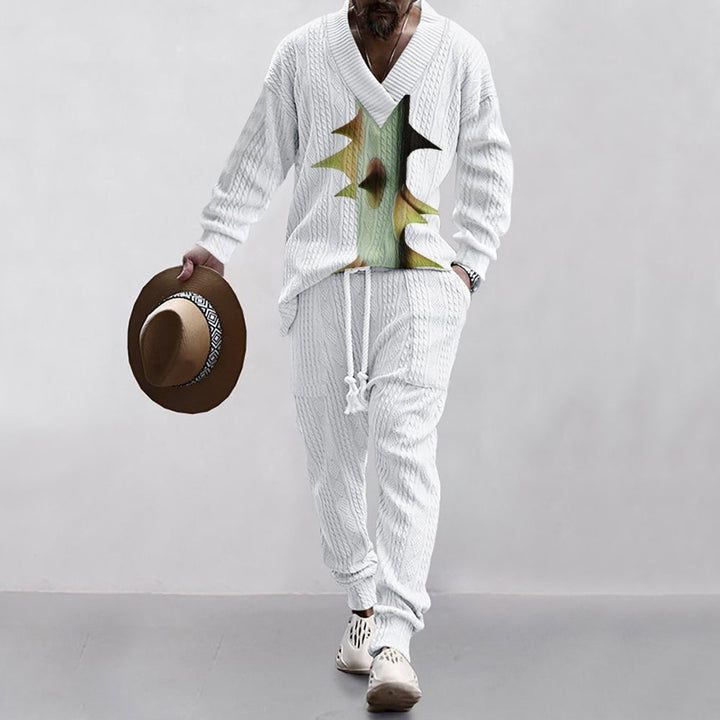 Herre afslappet fritidsoutfit med palmeprint og V-hals Stilla