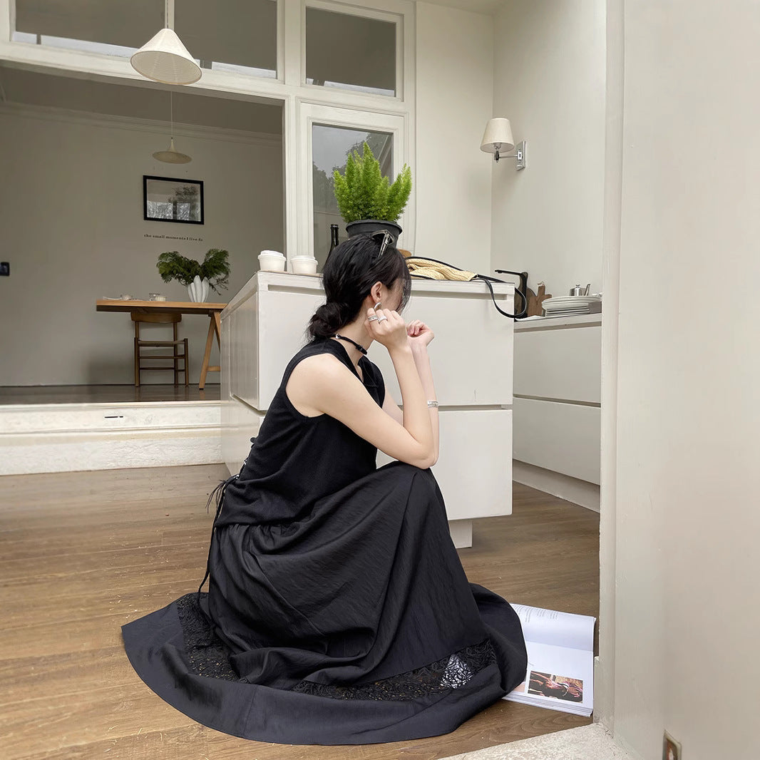 Dame Lang Skirt med Spidsapplikationer Stilla