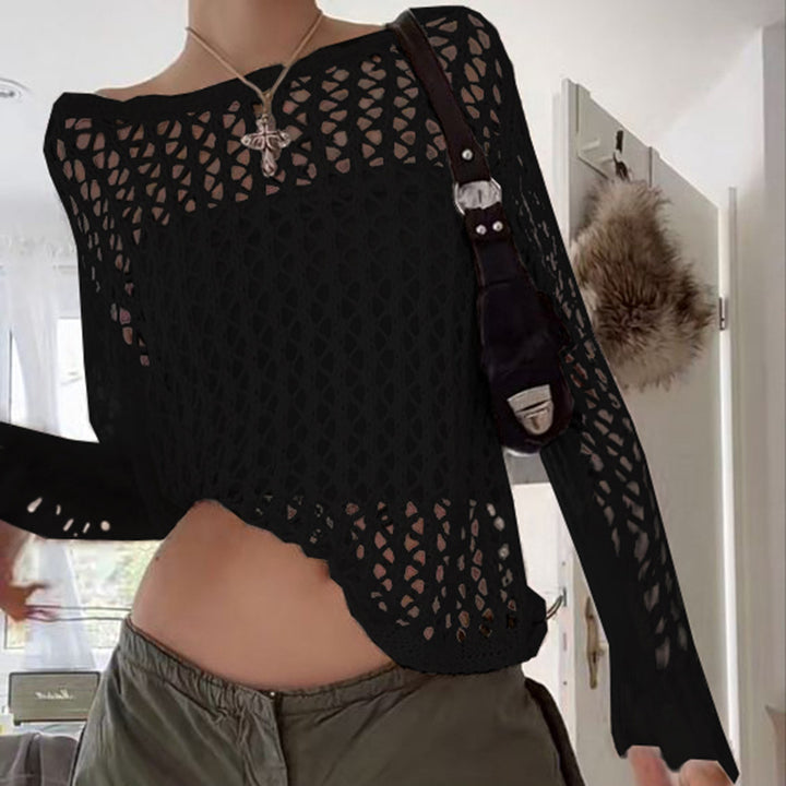 Damens let strikket pullover med fint netmønster Skovae