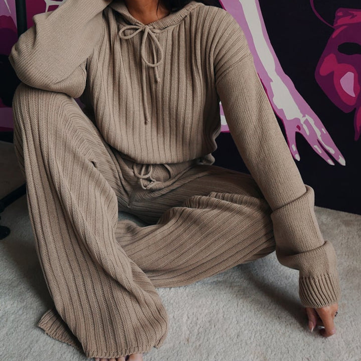 Damer Strik Loungewear Sæt med Hætte og Løs Pasform Skovae