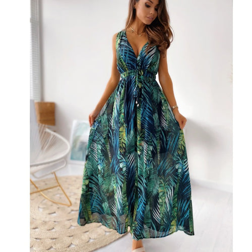 Kvinder Tropical Print Maxi Kjole med justerbart Bindebælte Stilla