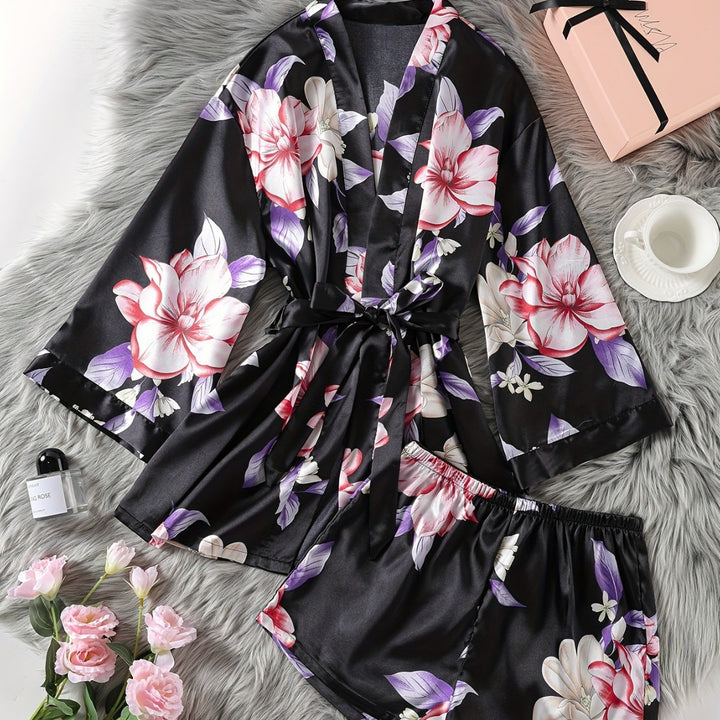 Dame Floral Satin Kimono og Shorts Sæt Stilla
