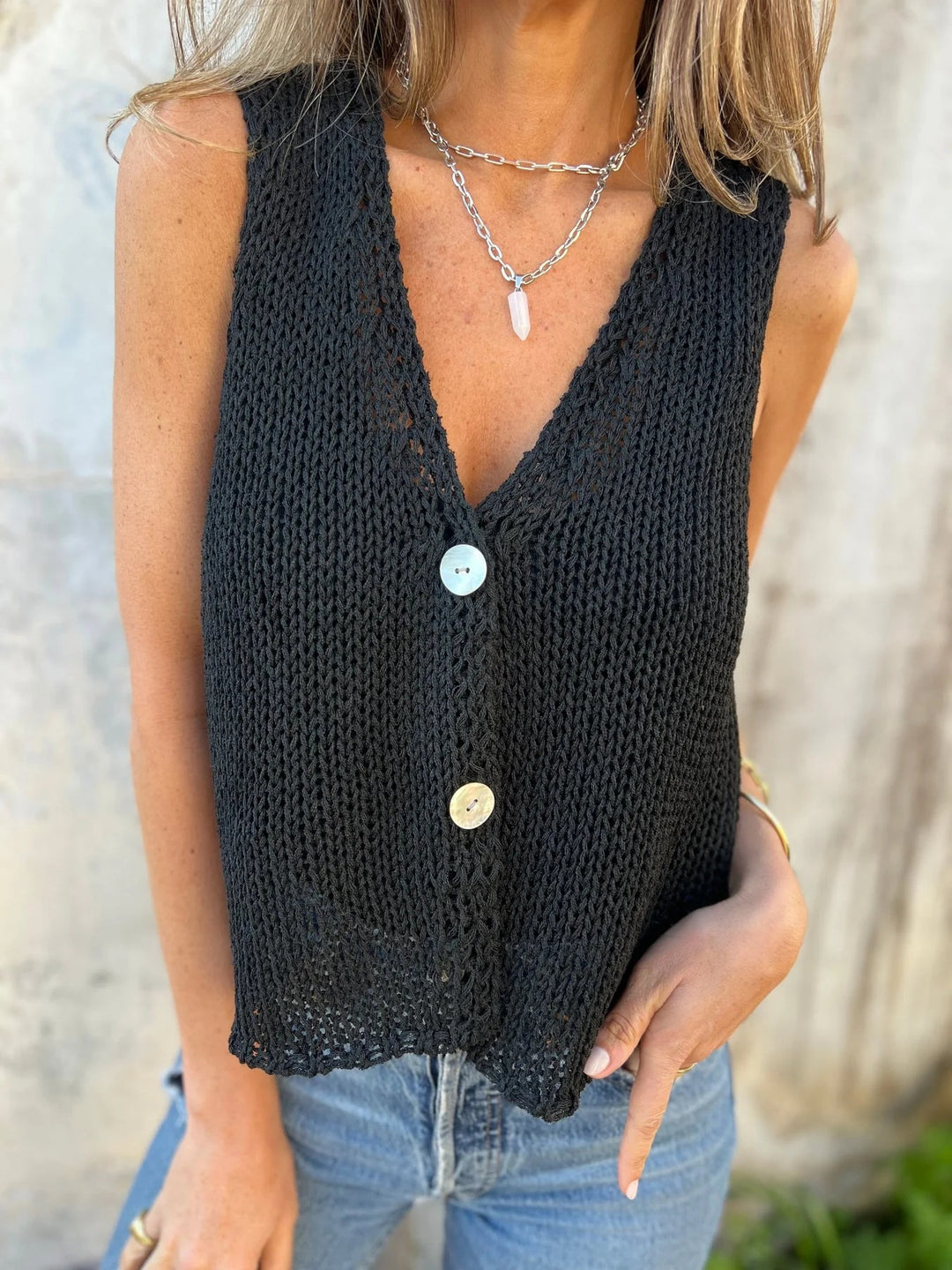 Dame Strikket Knap-Down Crop Vest Stilla