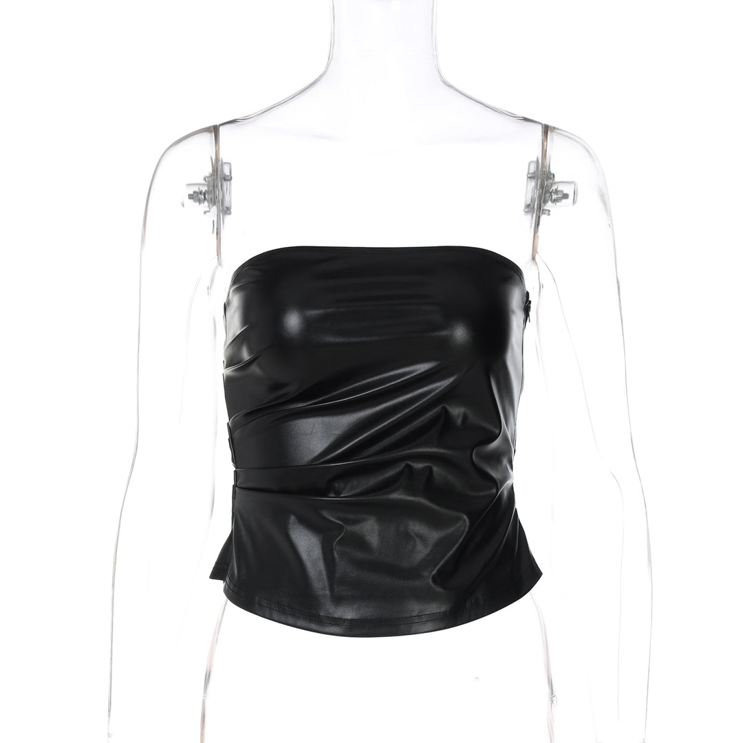 Dame Luksuriøs Bustier Top i Kunstlæder med Rynket Design Stilla
