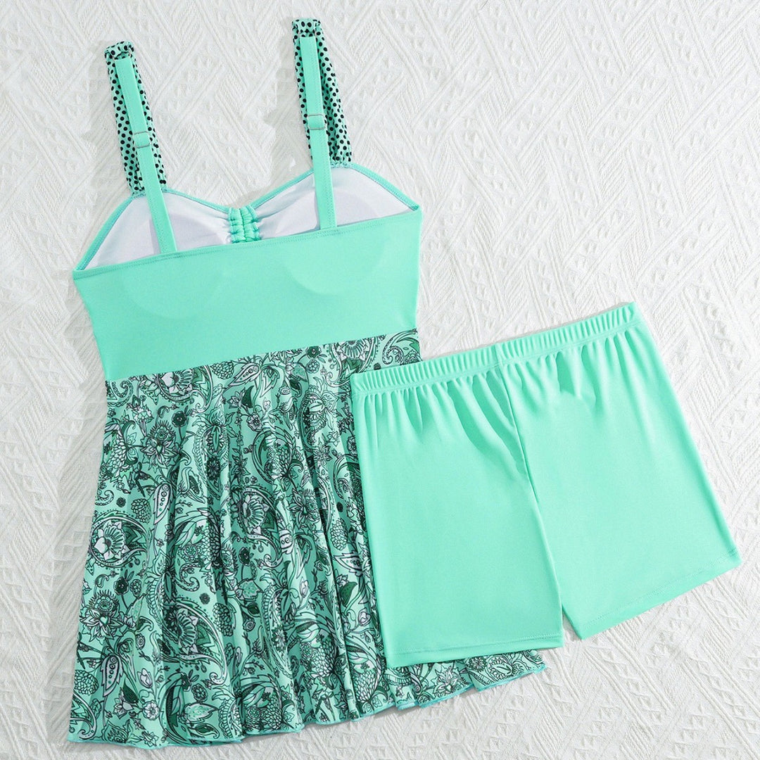 Dame Tankini-sæt med raffineret drapering og floral nederdel-design Skovae