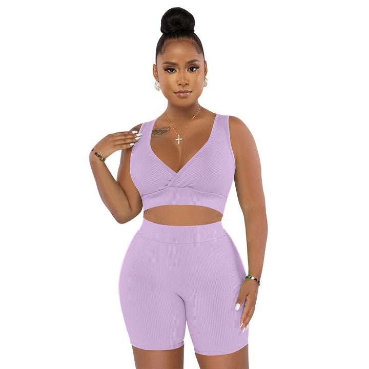Dame Sporty Sæt af Cropped Top og Cykelshorts med Ribstruktur Stilla