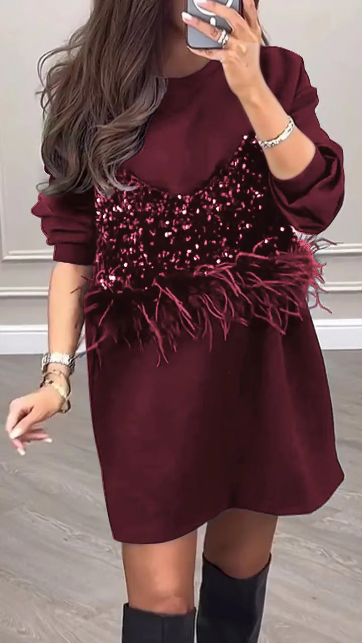 Dame nan Sweat-Mini kjole med paliet-bustier og fjerbesætning Skovae