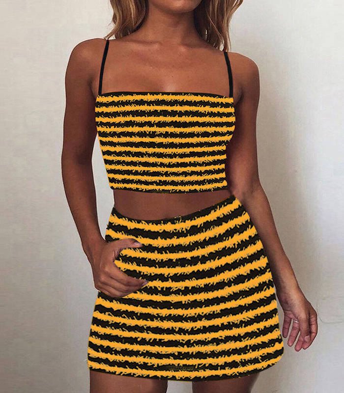 Dame To-delt Crop-top og Nederdel Sæt med iøjnefaldende Stribemønster Stilla