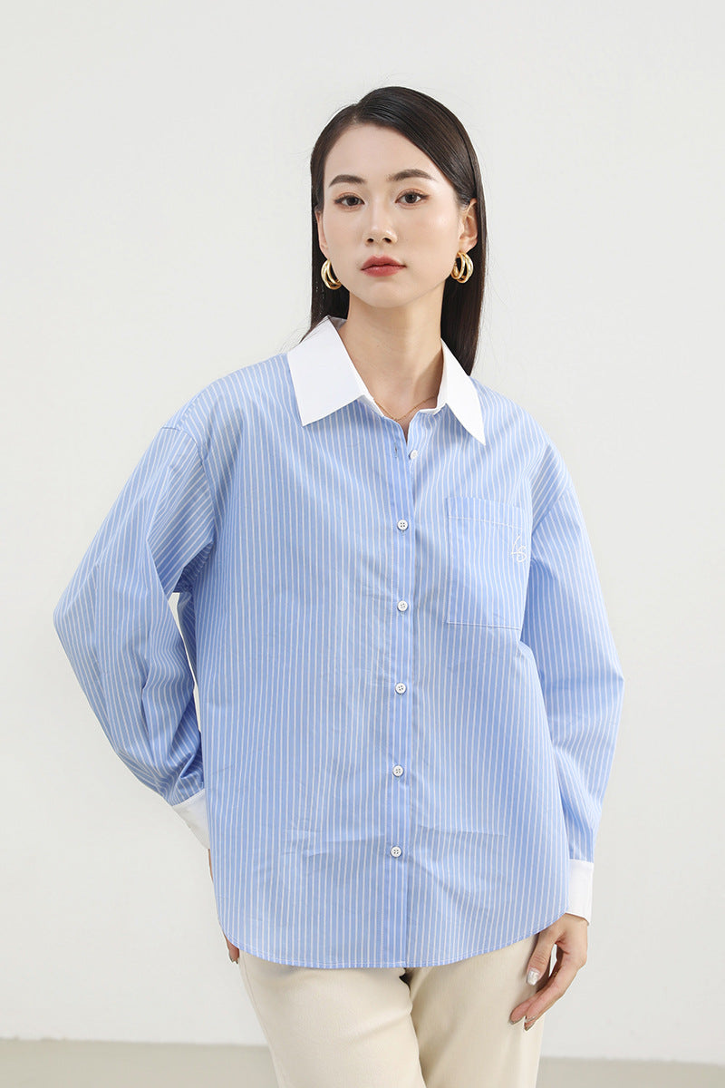 Dame Klassisk Bluse med moderne stribet mønster og krave Stilla