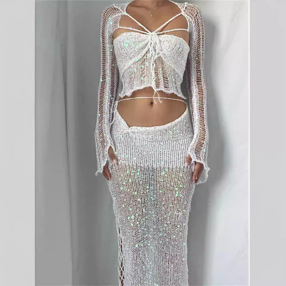Dame Glitter Net Bukser med Glitrende Pailletter og Elegant Design