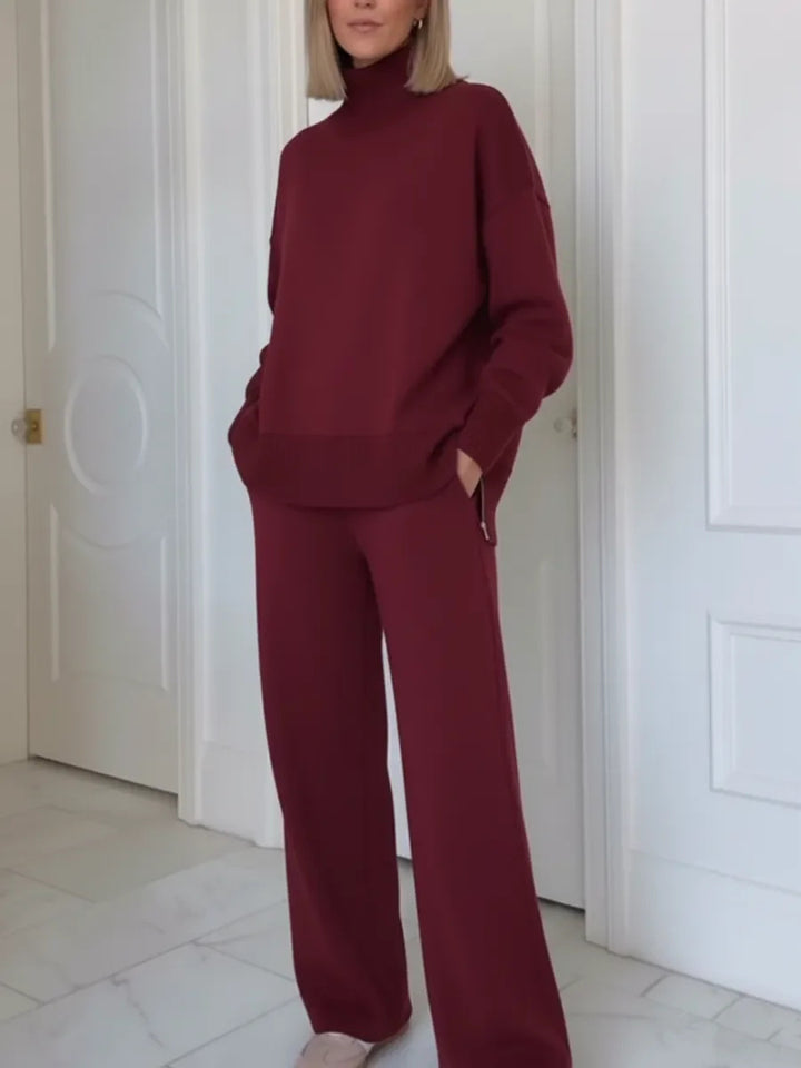 Damers Komfortable Strikket Loungewear Sæt med Højhalset Sweater og Bredskårede Bukser Stilla