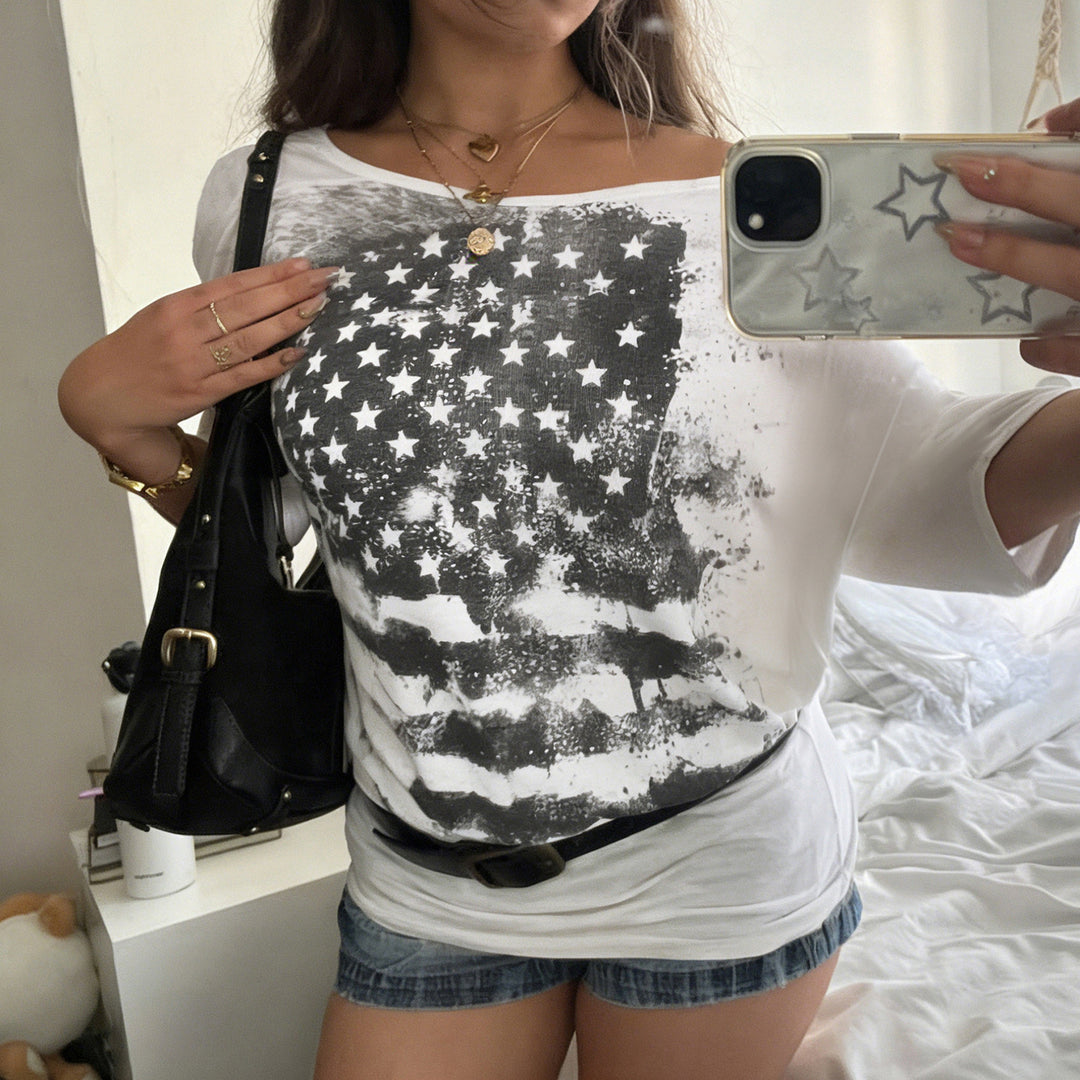 Dame afslappet T-shirt med kreativt stjerne-flag design Skovae