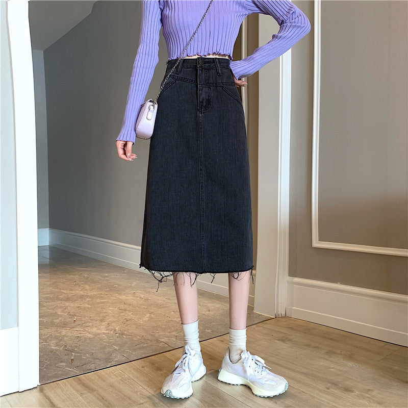 Dame Midi Denim Nederdel med Uregelmæssig Kant Stilla