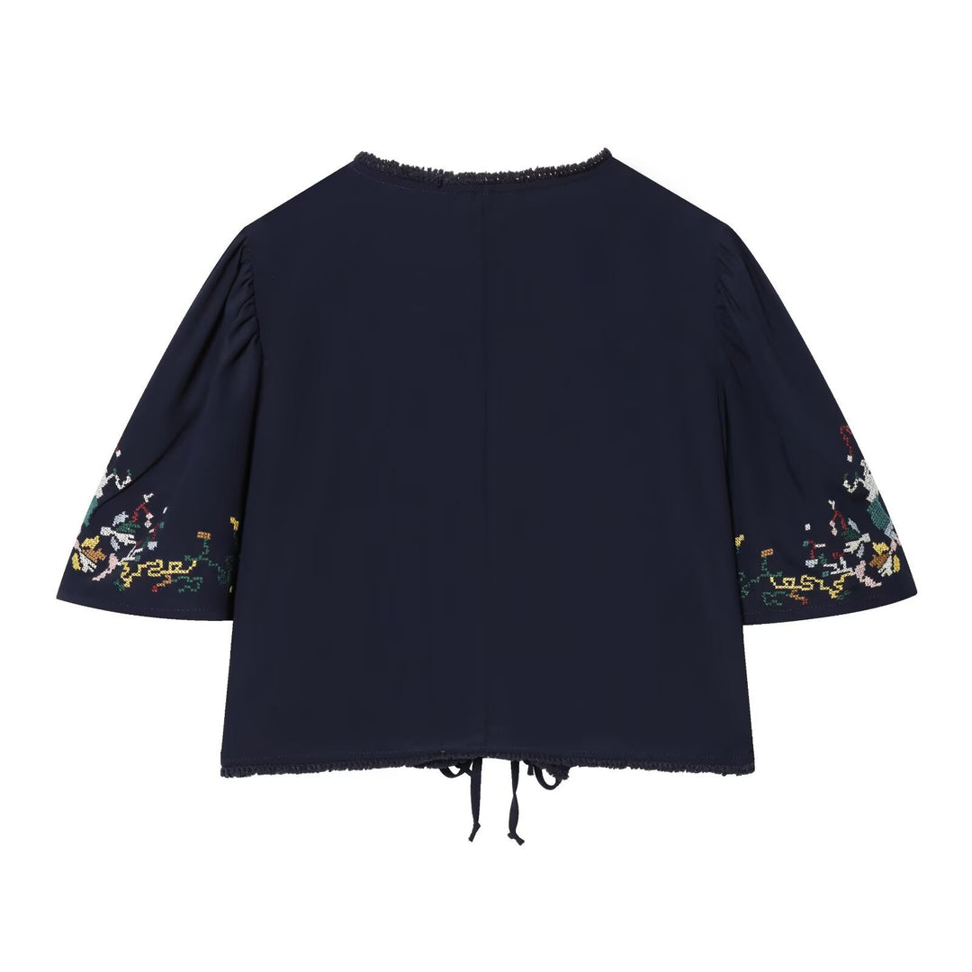 Dame kort bluse kimono med kunstnerisk broderi og talje snøring Skovae