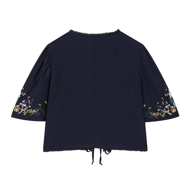 Dame kort bluse kimono med kunstnerisk broderi og talje snøring Skovae