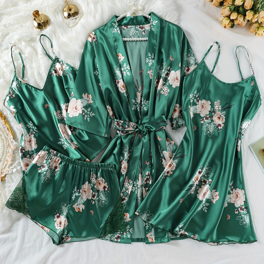 Dame Floral Satin Nattøj Sæt med Robe Stilla